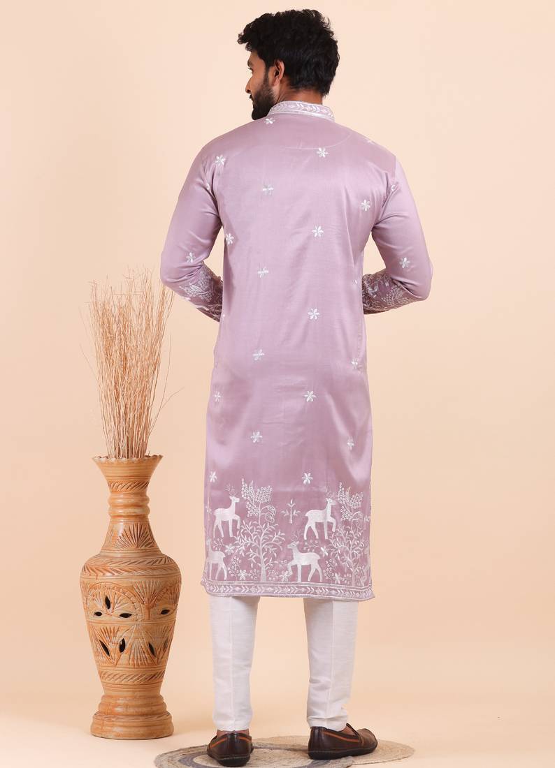 Men viscose silk embroidered designer kurta set