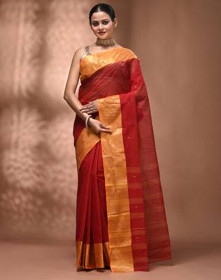 Red tant pure cotton saree with zari border 1
