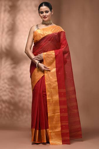 Red tant pure cotton saree with zari border