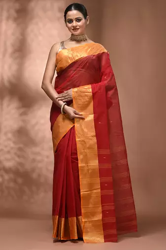 Red tant pure cotton saree with zari border