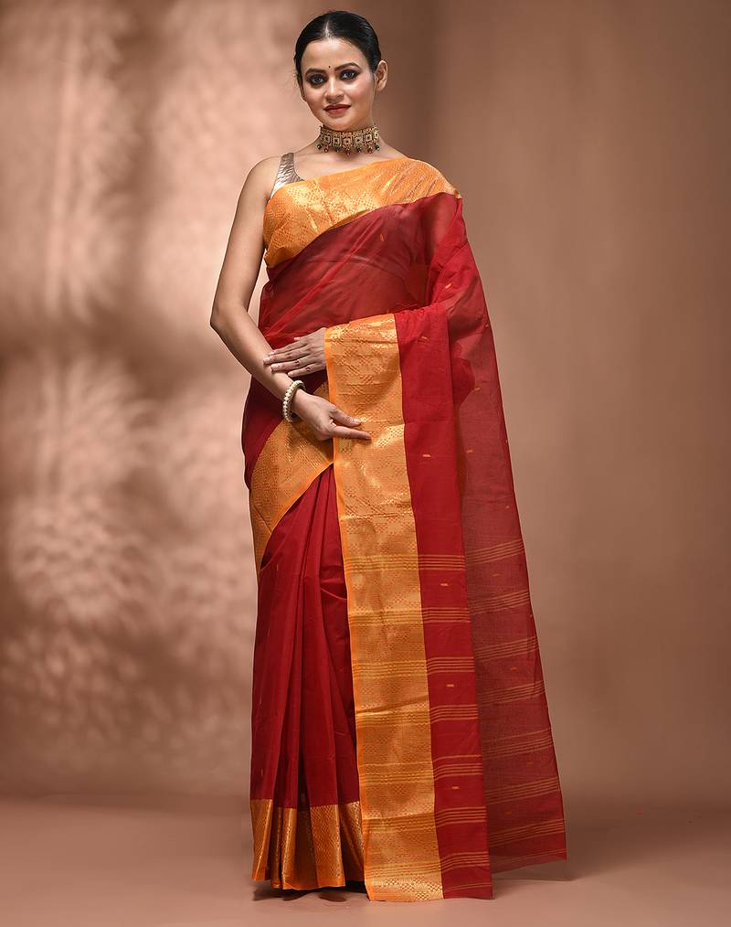 Red tant pure cotton saree with zari border