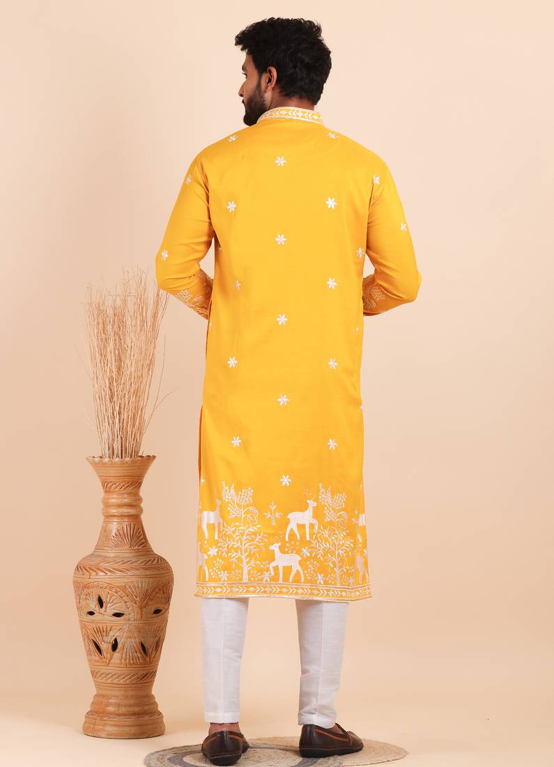 Men viscose silk embroidered designer kurta set