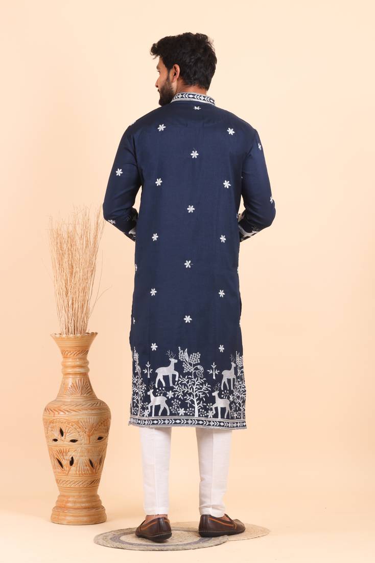 Men viscose silk embroidered designer kurta set