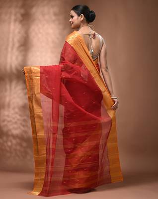 Red tant pure cotton saree with zari border 2