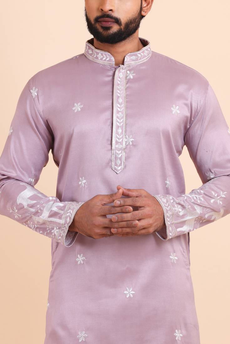 Men viscose silk embroidered designer kurta set