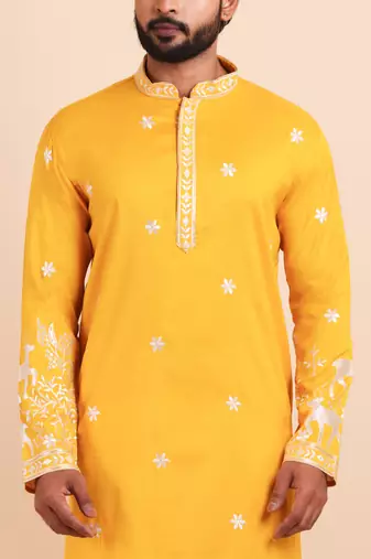 Men viscose silk embroidered designer kurta set