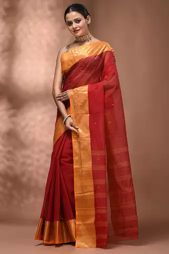 Red tant pure cotton saree with zari border