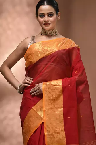 Red tant pure cotton saree with zari border