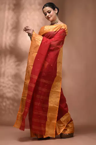 Red tant pure cotton saree with zari border