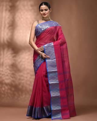 Pink tant pure cotton saree with zari border 1