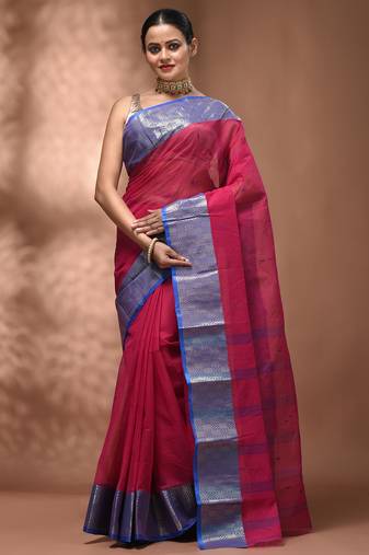 Pink tant pure cotton saree with zari border