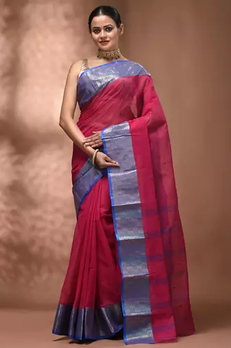 Pink tant pure cotton saree with zari border