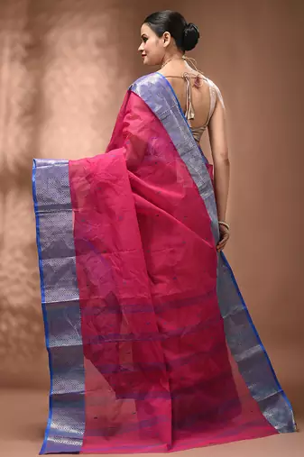 Pink tant pure cotton saree with zari border