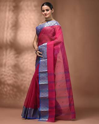 Pink tant pure cotton saree with zari border 3