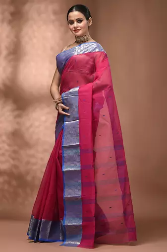 Pink tant pure cotton saree with zari border