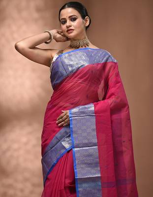 Pink tant pure cotton saree with zari border 4
