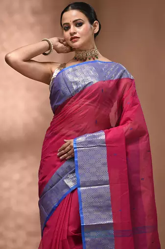 Pink tant pure cotton saree with zari border