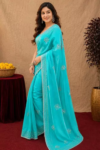 Sea green soft shimmer chiffon embroidery work saree with unstitched blouse piece