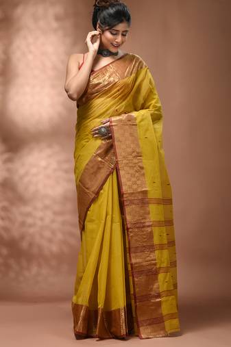 Yellow tant pure cotton saree with zari border