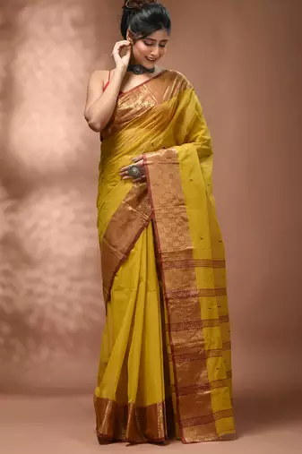 Yellow tant pure cotton saree with zari border
