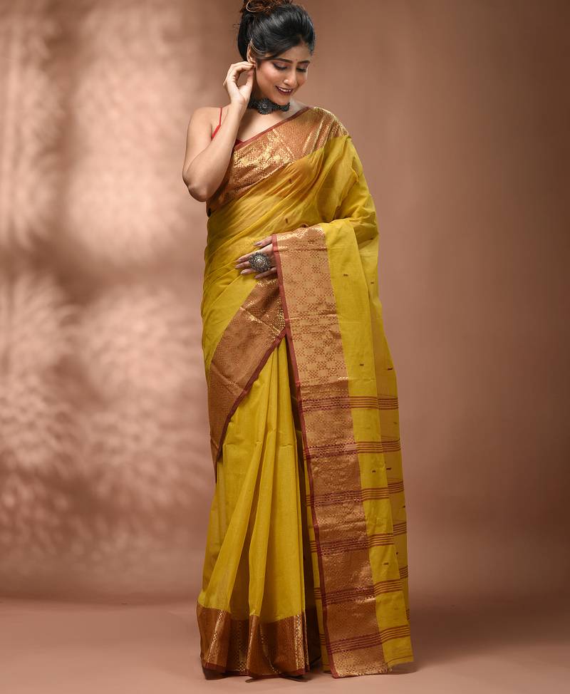 Yellow tant pure cotton saree with zari border
