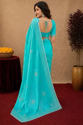Sea green soft shimmer chiffon embroidery work saree with unstitched blouse piece