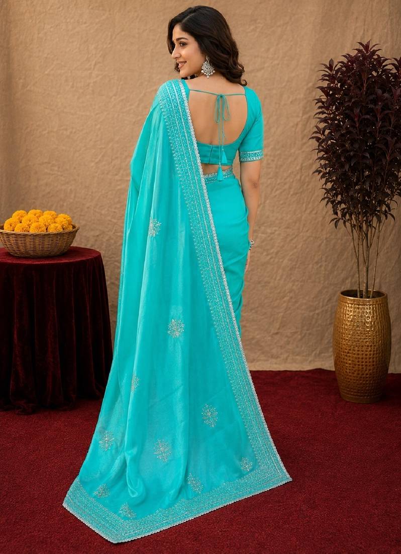 Sea green soft shimmer chiffon embroidery work saree with unstitched blouse piece