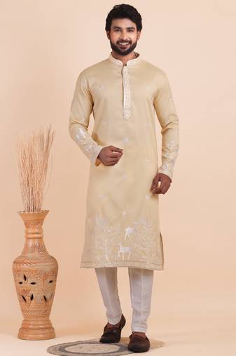 Men viscose silk embroidered designer kurta set