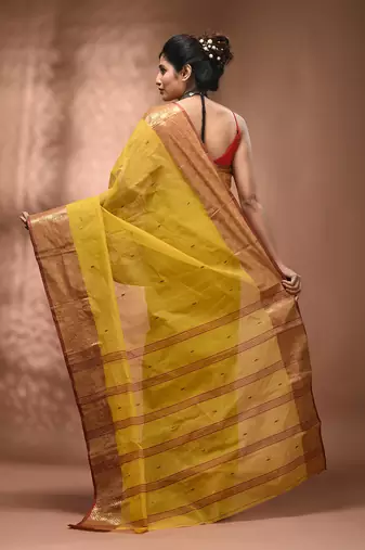 Yellow tant pure cotton saree with zari border