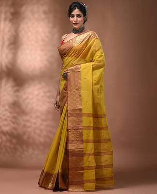 Yellow tant pure cotton saree with zari border 3