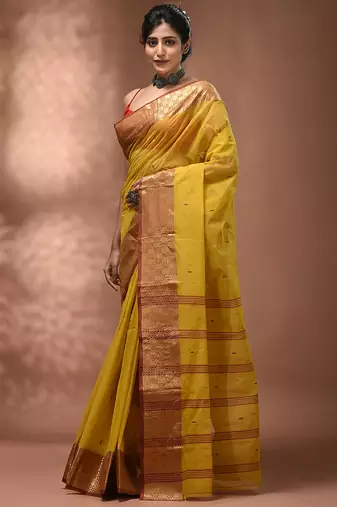 Yellow tant pure cotton saree with zari border