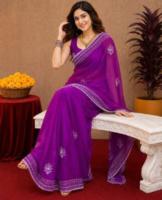 Purple soft shimmer chiffon embroidery work saree with unstitched blouse piece 1