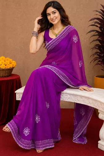 Purple soft shimmer chiffon embroidery work saree with unstitched blouse piece