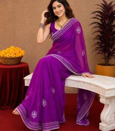 Purple soft shimmer chiffon embroidery work saree with unstitched blouse piece