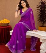 Purple soft shimmer chiffon embroidery work saree with unstitched blouse piece