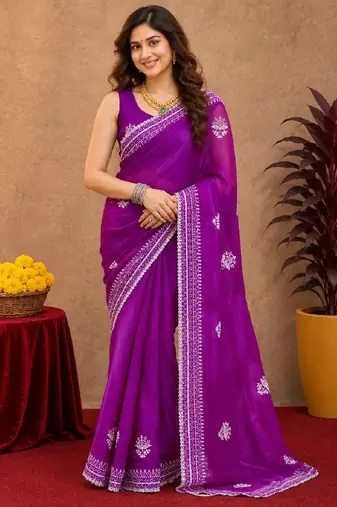 Purple soft shimmer chiffon embroidery work saree with unstitched blouse piece