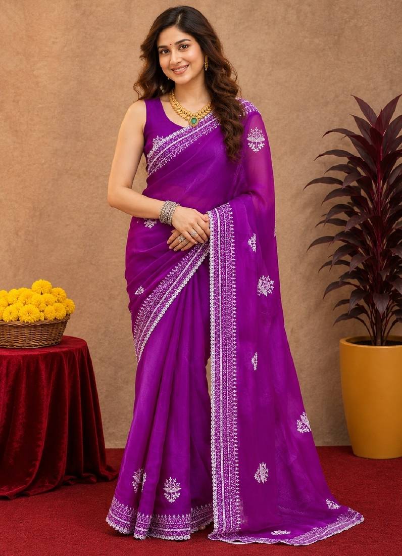 Purple soft shimmer chiffon embroidery work saree with unstitched blouse piece