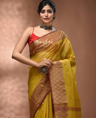 Yellow tant pure cotton saree with zari border 4