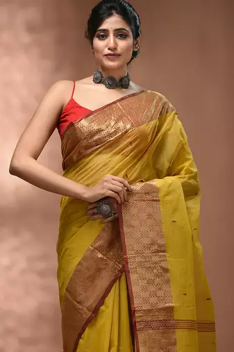 Yellow tant pure cotton saree with zari border