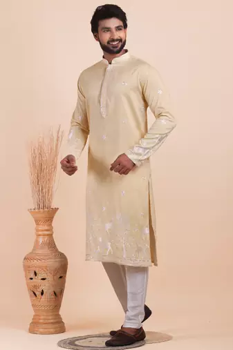 Men viscose silk embroidered designer kurta set