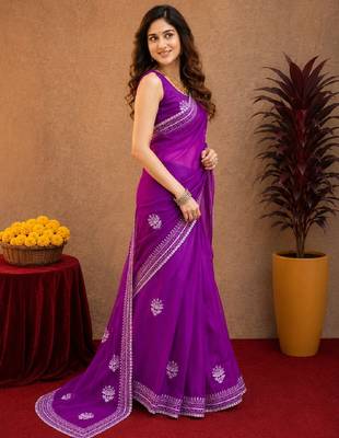 Purple soft shimmer chiffon embroidery work saree with unstitched blouse piece 3