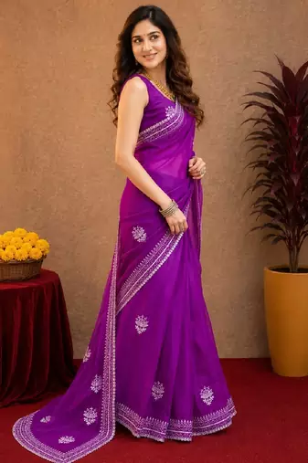 Purple soft shimmer chiffon embroidery work saree with unstitched blouse piece