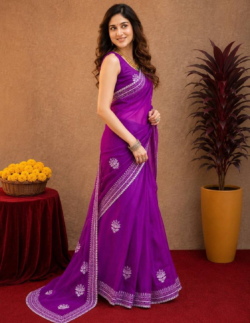 Purple soft shimmer chiffon embroidery work saree with unstitched blouse piece