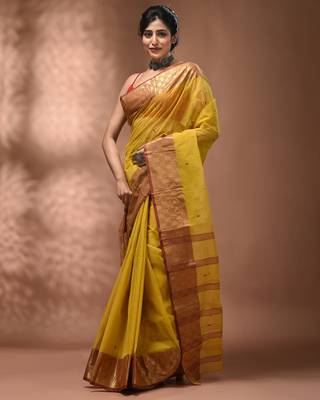 Yellow tant pure cotton saree with zari border 5