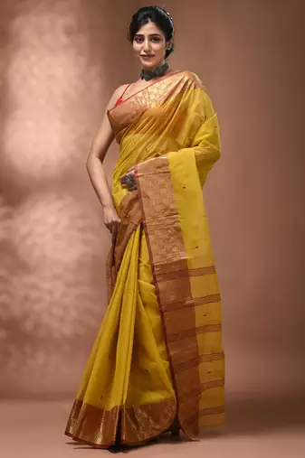 Yellow tant pure cotton saree with zari border