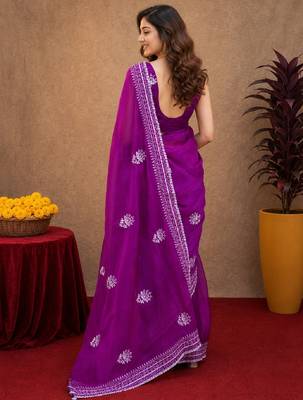 Purple soft shimmer chiffon embroidery work saree with unstitched blouse piece 4