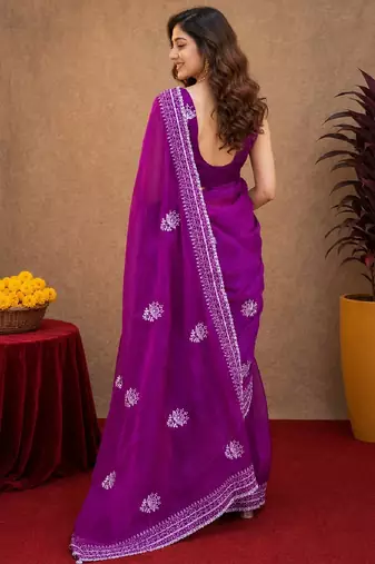 Purple soft shimmer chiffon embroidery work saree with unstitched blouse piece