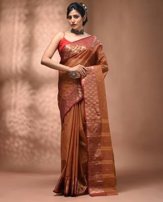 Brown tant pure cotton saree with zari border 1