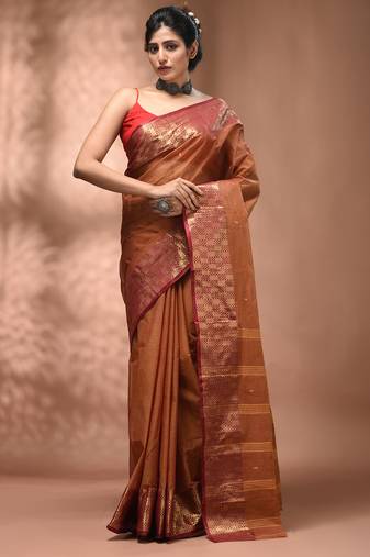 Brown tant pure cotton saree with zari border