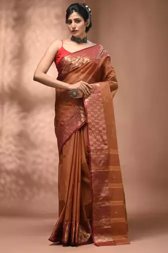 Brown tant pure cotton saree with zari border